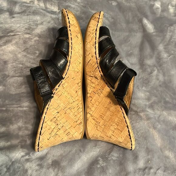 Born Morena Black Shiny Leather Cork Platform Wedge Slides Sandals - Picture 7 of 9